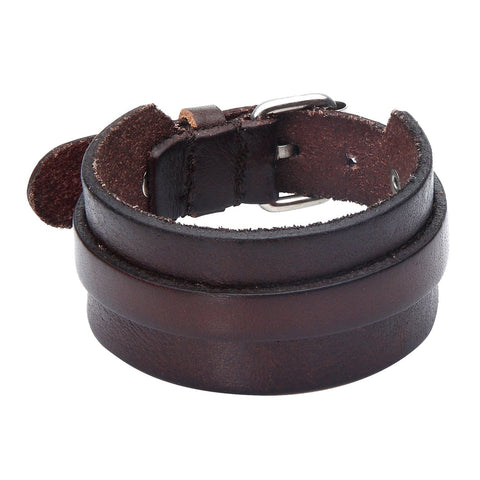 Urban Jewelry Stunning Adjustable Dark Brown Cuff Leather Bracelet for Men (Metal Buckle Clasp)