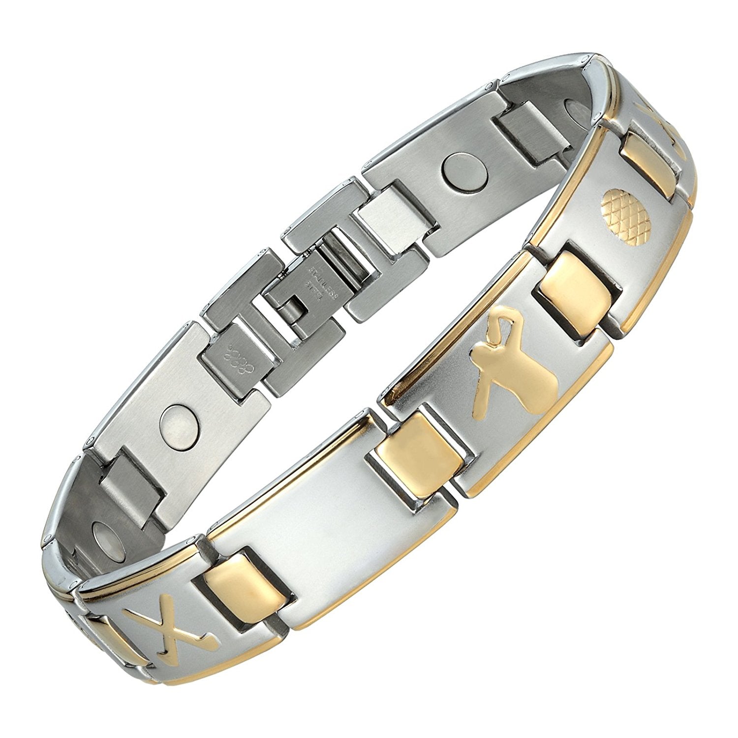 Baseball Magnetic Men's Link Bracelet 316L Stainless Steel 9.05 inch Silver and Gold Tone Bangle
