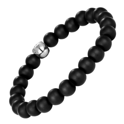 Contemporary Men’s Bracelet – Black Beads with Silver Color Mayan Skull Charm – Made of Glass & Polished Stainless Steel – Jewelry Gift or Accessory for Men