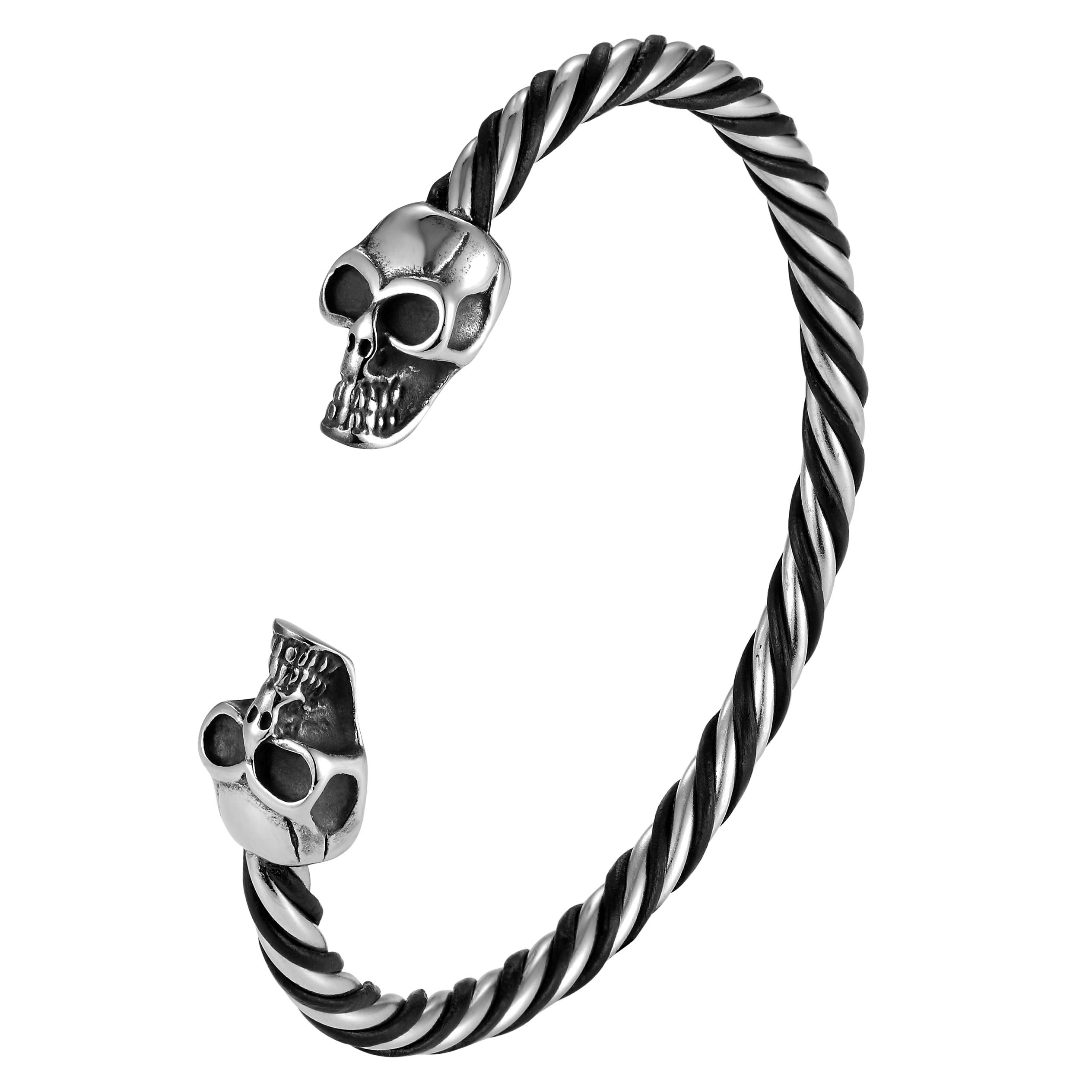 Bold Men’s Biker Bracelet, Stainless Steel Silver Finish Band with Death’s Skull Ornament and Black Genuine Leather