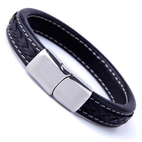 Elegant Black Cuff Genuine Leather Bracelet for Men with Elegant 316L Stainless Steel Clasp