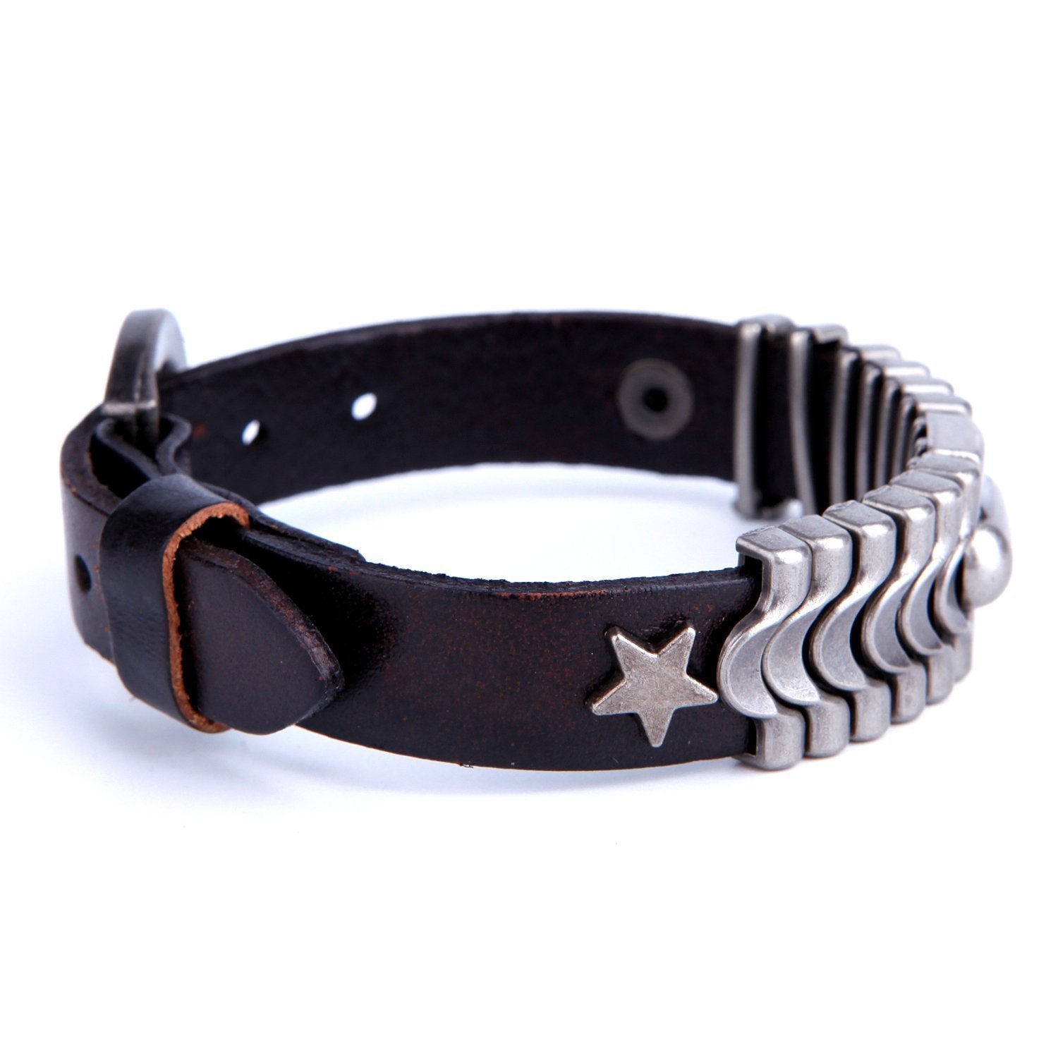 Urban Jewelry Powerful Dark Brown Leather Cuff Bracelet with Metal Design and Buckle Clasp (Adjustable)