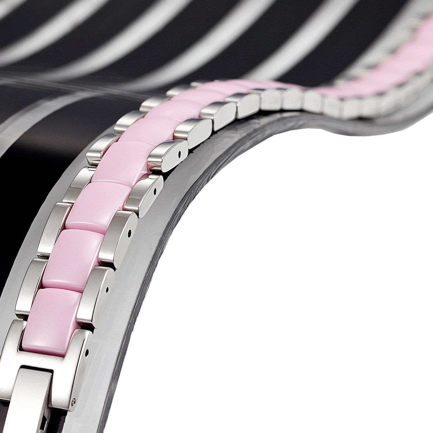 Urban Jewelry Women's 316 Stainless Steel and Ceramic Link Bracelet Easy to Slip on (Silver, Pink, 7.85 inches)