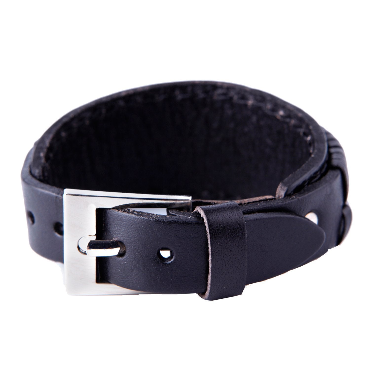 Urban Jewelry Elegant Coal Black Cuff Genuine Leather Bracelet for Men (Metal Buckle Clasp)