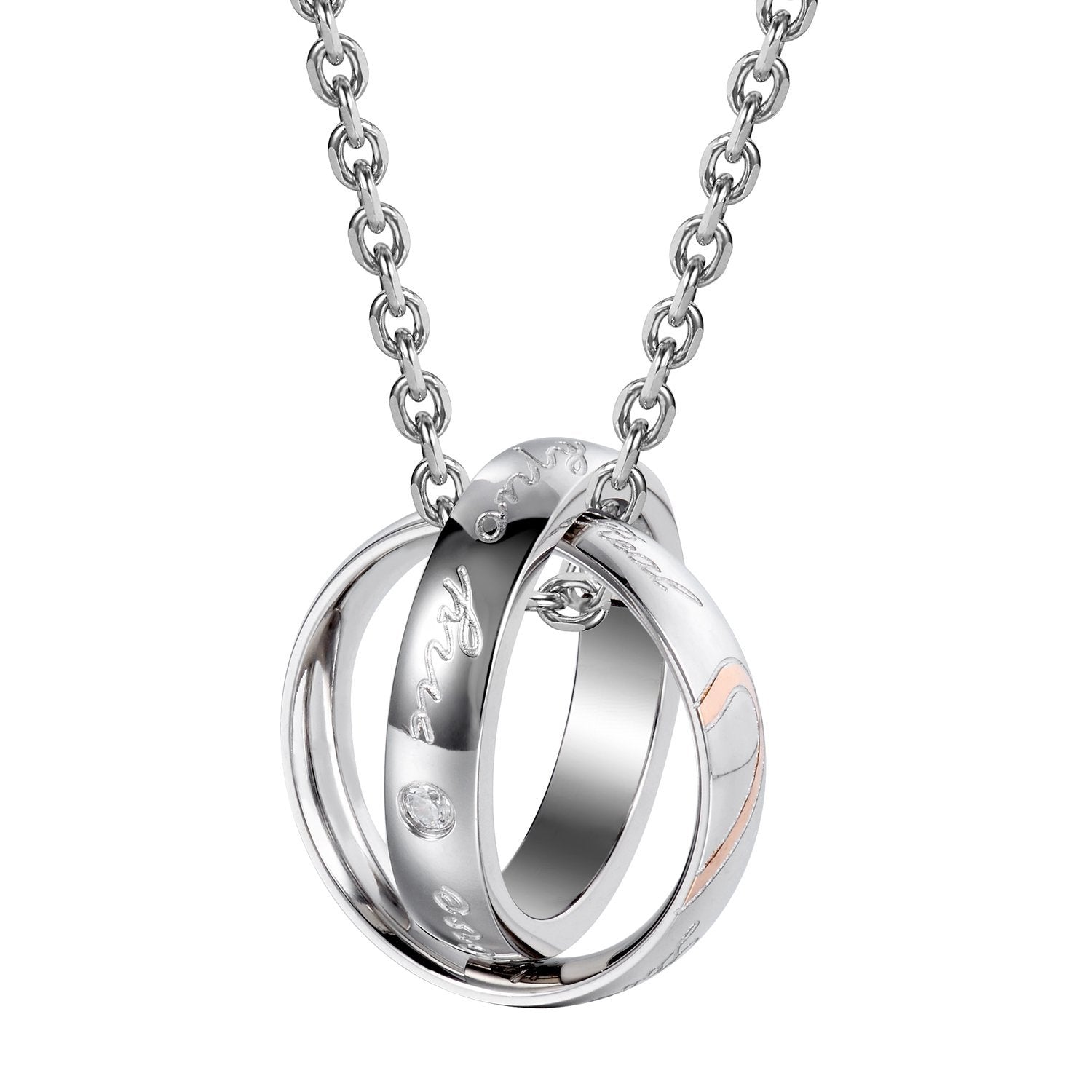 His & Hers Couples Engraved Double Ring Pendant Necklace