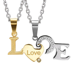 Urban Jewelry 2pcs His & Hers Love Letters Heart Couples Pendant Necklace Set with 19" & 21" Chain (Gold & Silver Tone)