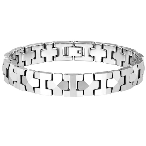 Mesmerizing Men’s Bracelet – Interlocking Track Links with Beveled Geometric Pattern – Polished Silver Finish – Scratch & Tarnish Resistant Tungsten – Jewelry Gift or Accessory for Men