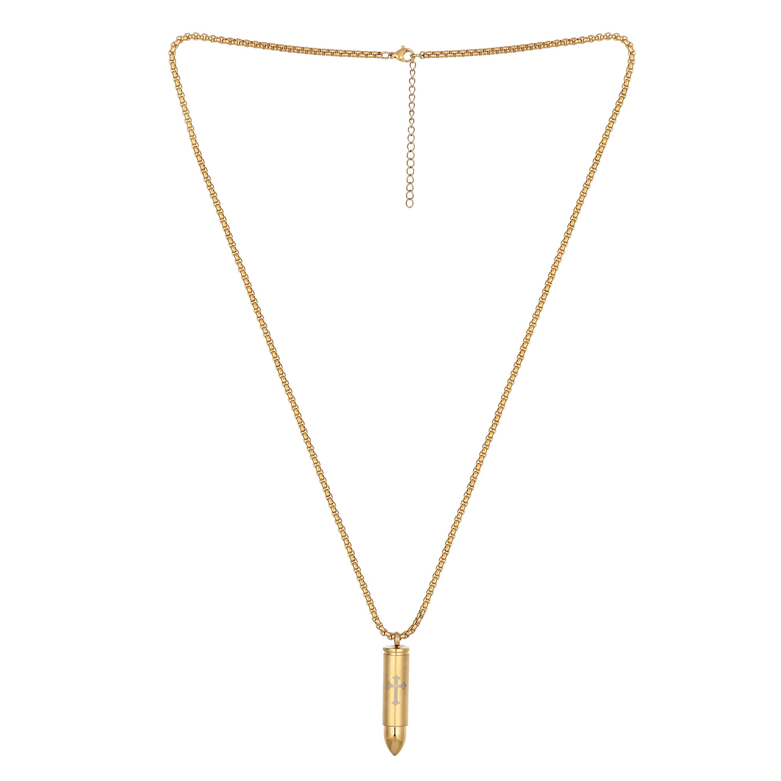 Urban Jewelry Striking Men’s Bullet Locket Necklace – Detailed with The Lord’s Cross in a Polished Gold, Silver or Black Finish – Rust & Discoloration Resistant Stainless Steel Pendant and Chain