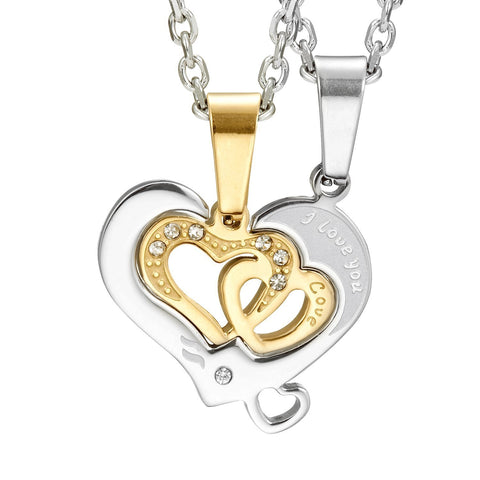 I Love You 2pcs Matching Couples Heart CZ Pendant Set with 19 & 21" His & Hers Necklace (Gold, Silver)