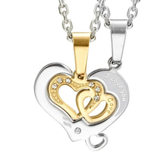 I Love You 2pcs Matching Couples Heart CZ Pendant Set with 19 & 21