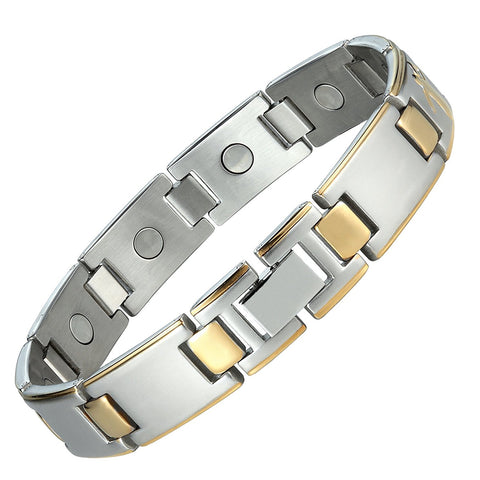 Baseball Magnetic Men's Link Bracelet 316L Stainless Steel 9.05 inch Silver and Gold Tone Bangle
