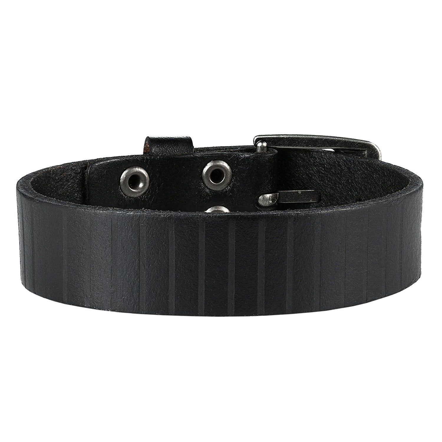Urban Jewelry Men's Genuine Leather Cuff Bangle Bracelet Perfect Statement Piece (Black, Silver, 6.3-8.25 inches)