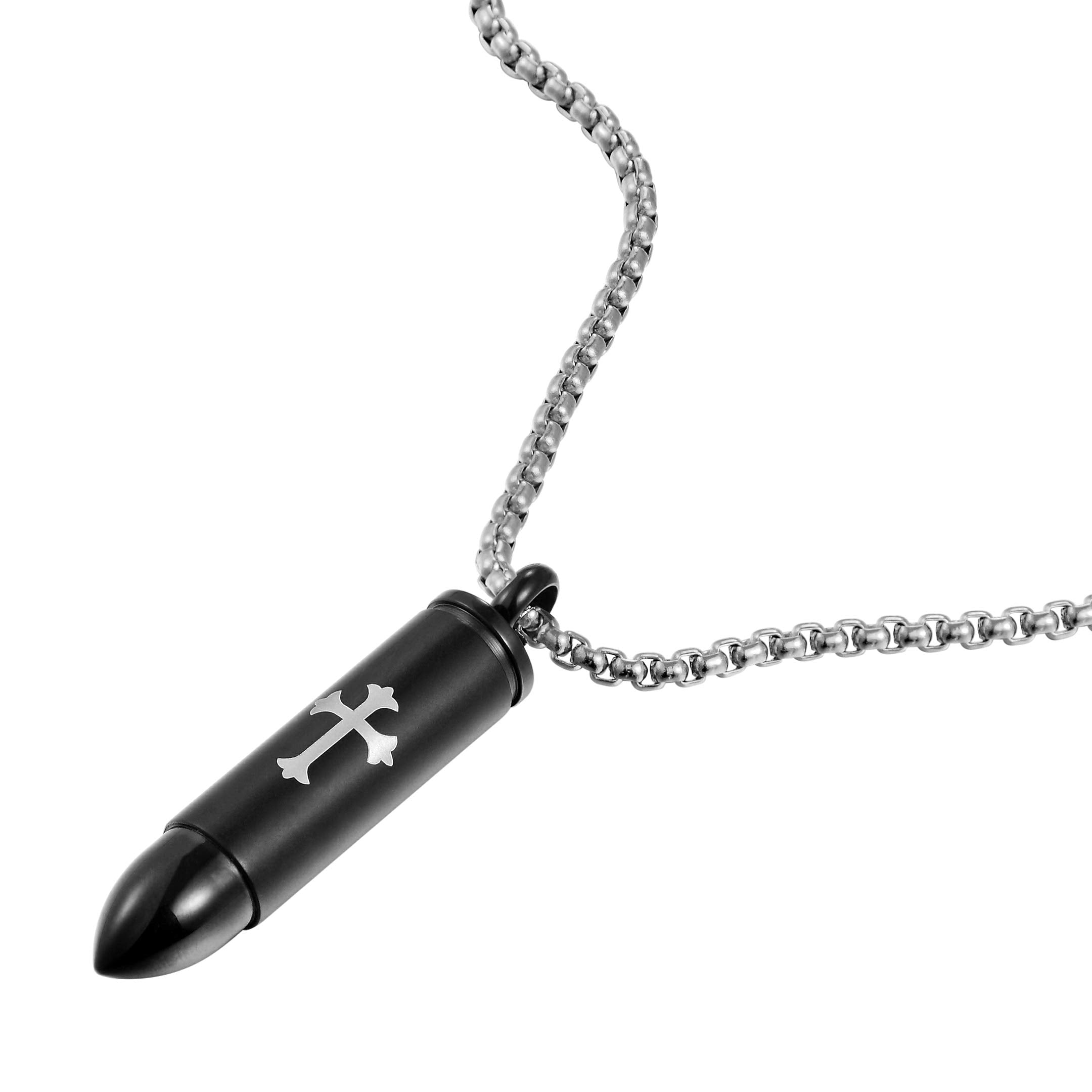 Urban Jewelry Striking Men’s Bullet Locket Necklace – Detailed with The Lord’s Cross in a Polished Gold, Silver or Black Finish – Rust & Discoloration Resistant Stainless Steel Pendant and Chain