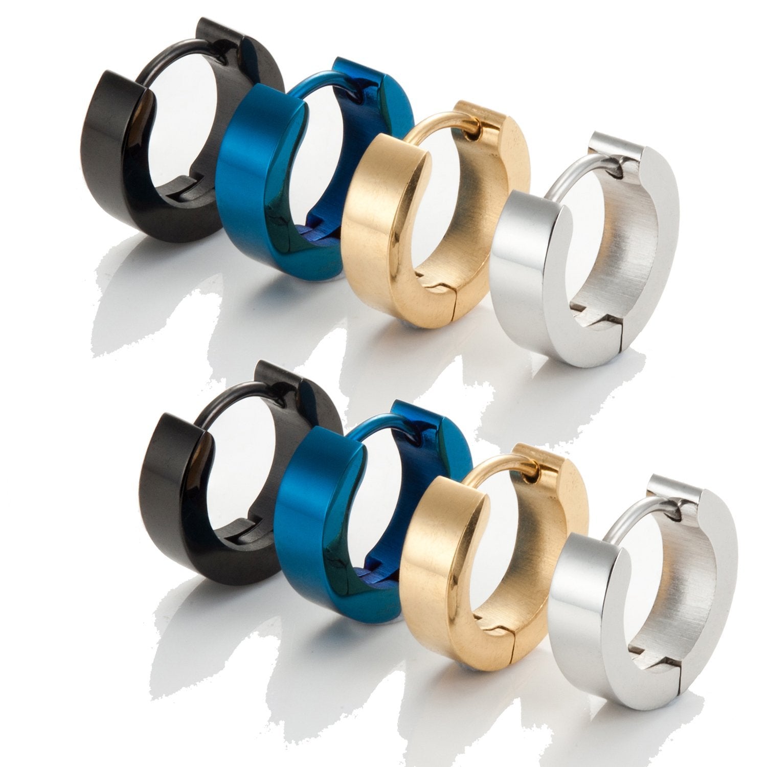 4 Pairs Set of Men's Stainless Steel Classic Huggie Hinged Hoop Earrings