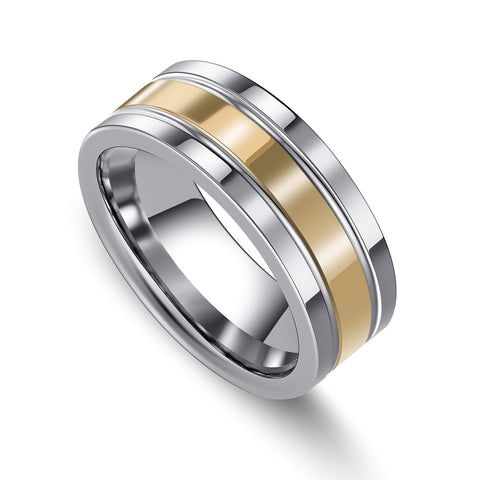 URBAN JEWELRY Men’s Wedding Band - Made of Strong Durable Solid Tungsten Carbide – 8mm Wedding Ring Size – High Shine Silver Finish with Sleek Gold Color Bands