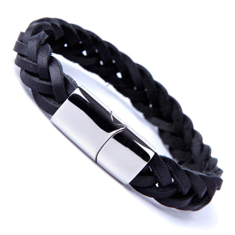 Urban Jewelry Unique Braided Black Cuff Leather Bracelet for Men with Elegant Stainless Steel Clasp
