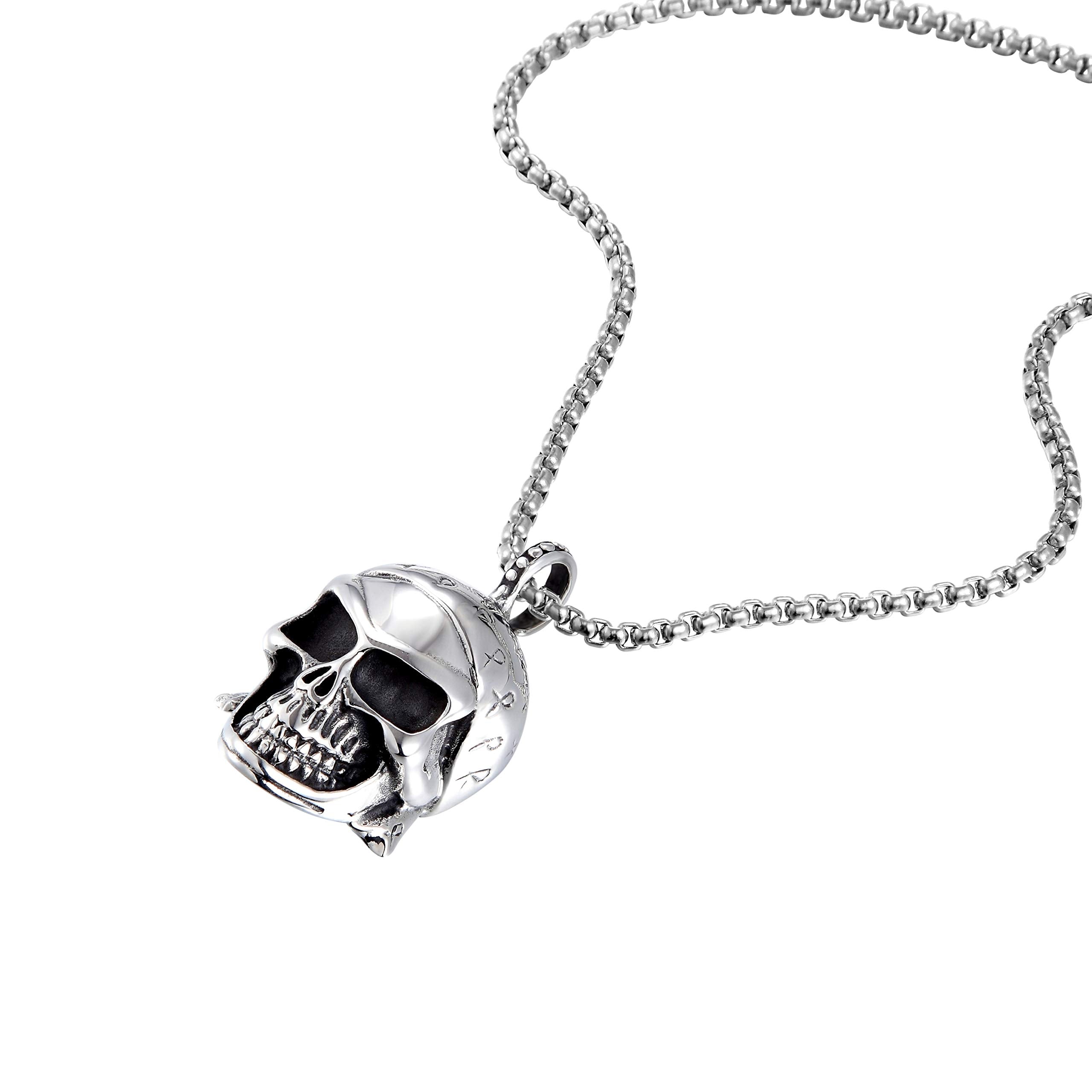 Bold Men’s Biker Necklace – Death’s Head Skull Pendant in a Polished Black and Silver Finish – Rust & Discoloration Resistant Stainless Steel Pendant and Chain – Jewelry Gift or Accessory for Men