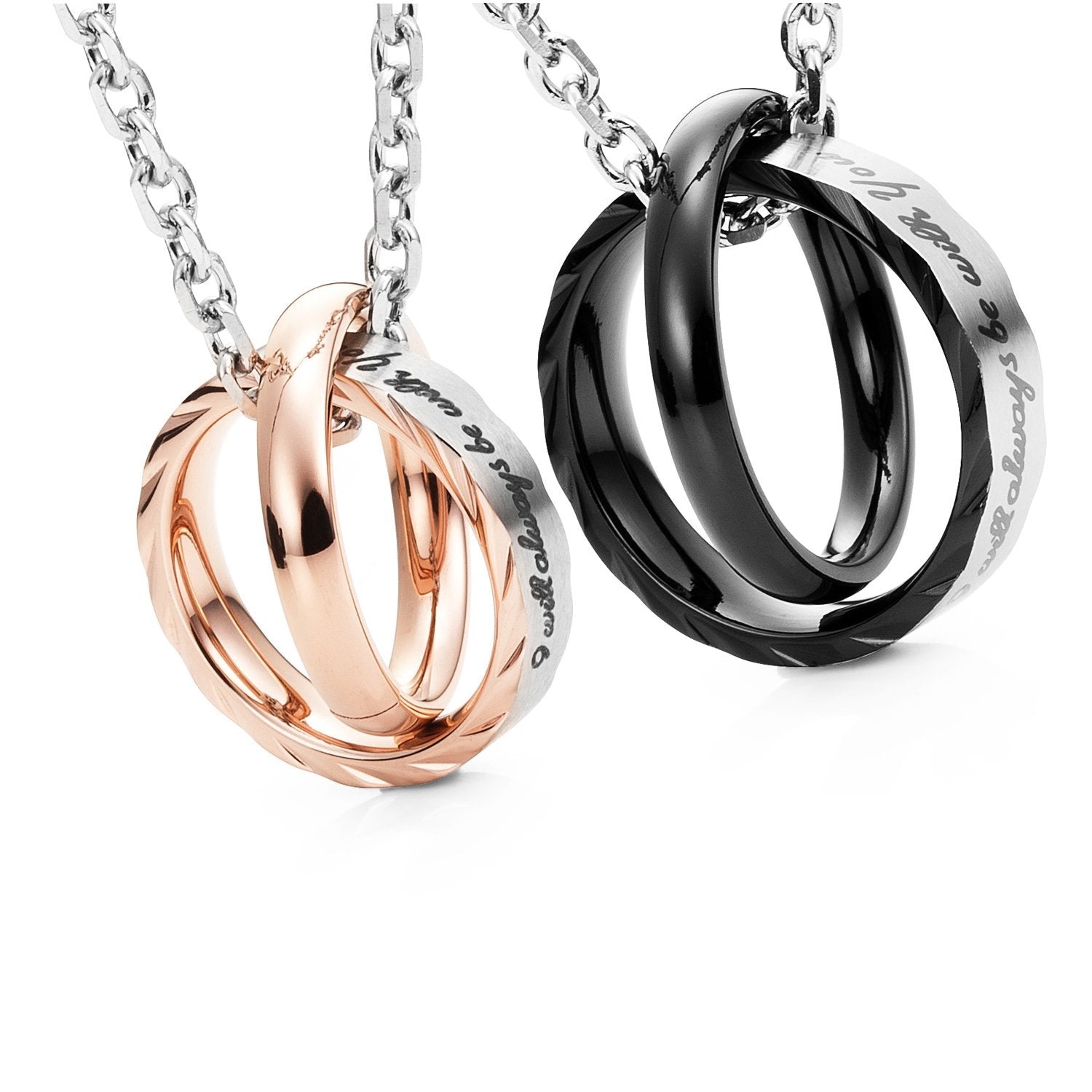His & Hers Couples Engraved Double Ring Pendant Necklace