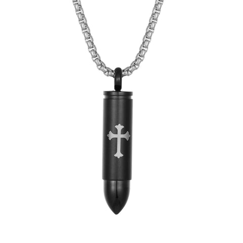 Urban Jewelry Striking Men’s Bullet Locket Necklace – Detailed with The Lord’s Cross in a Polished Gold, Silver or Black Finish – Rust & Discoloration Resistant Stainless Steel Pendant and Chain