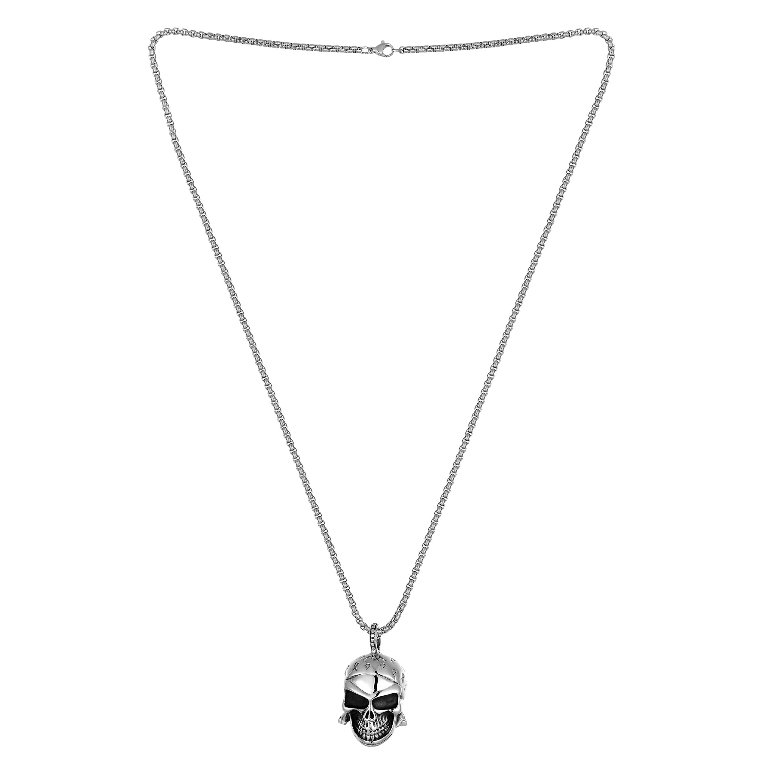 Bold Men’s Biker Necklace – Death’s Head Skull Pendant in a Polished Black and Silver Finish – Rust & Discoloration Resistant Stainless Steel Pendant and Chain – Jewelry Gift or Accessory for Men