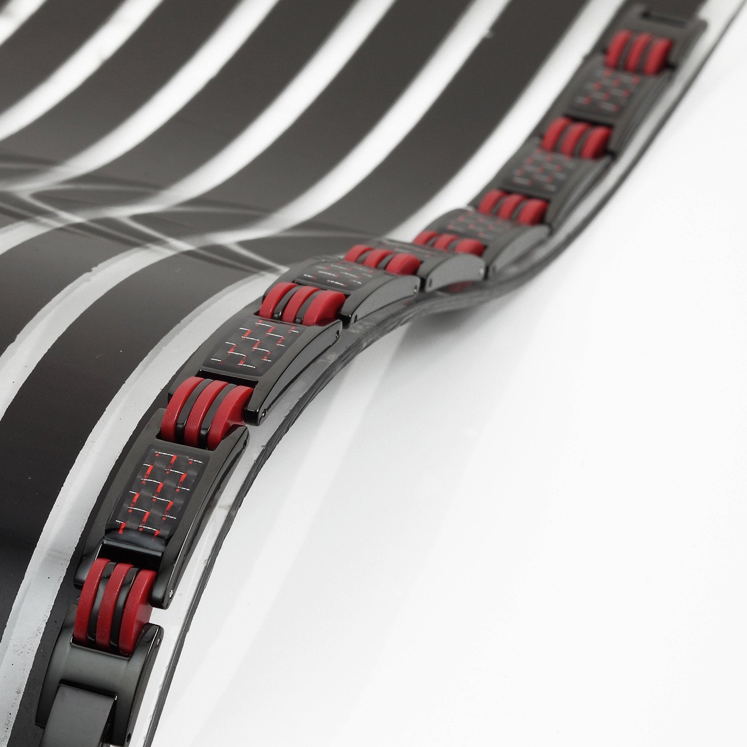 Urban Jewelry Men's Titanium Magnetic Link Bangle Bracelet with Carbon Fiber 8.66 inch (Black and Red)