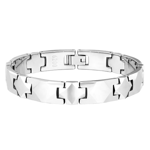 Elegant Men’s Bracelet – Interlocking Track Links with Beveled Geometric Design – Radiant Silver Color – Scratch & Tarnish Resistant Tungsten – Jewelry Gift or Accessory for Men