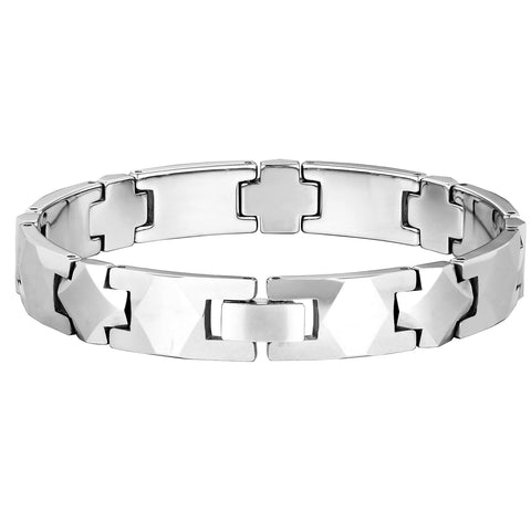 Elegant Men’s Bracelet – Interlocking Track Links with Beveled Geometric Design – Radiant Silver Color – Scratch & Tarnish Resistant Tungsten – Jewelry Gift or Accessory for Men