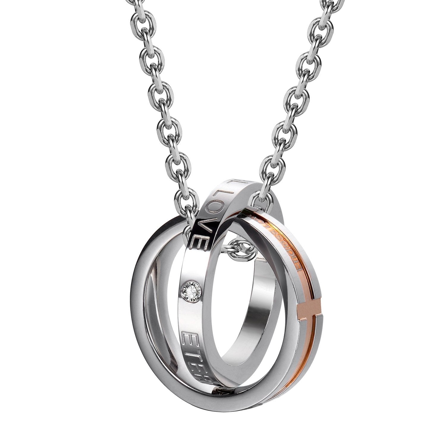 His & Hers Couples Engraved Double Ring Pendant Necklace