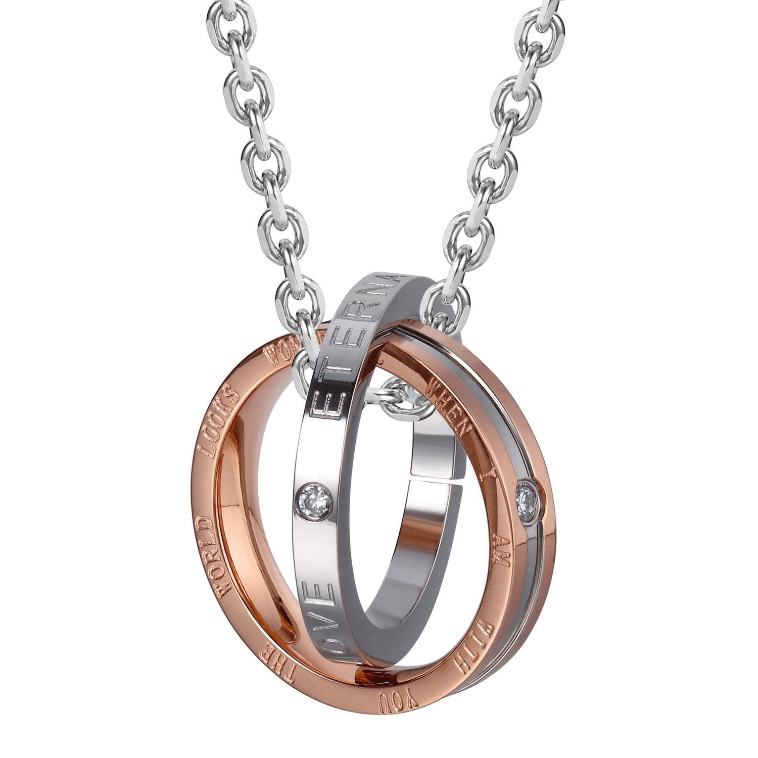 His & Hers Couples Engraved Double Ring Pendant Necklace