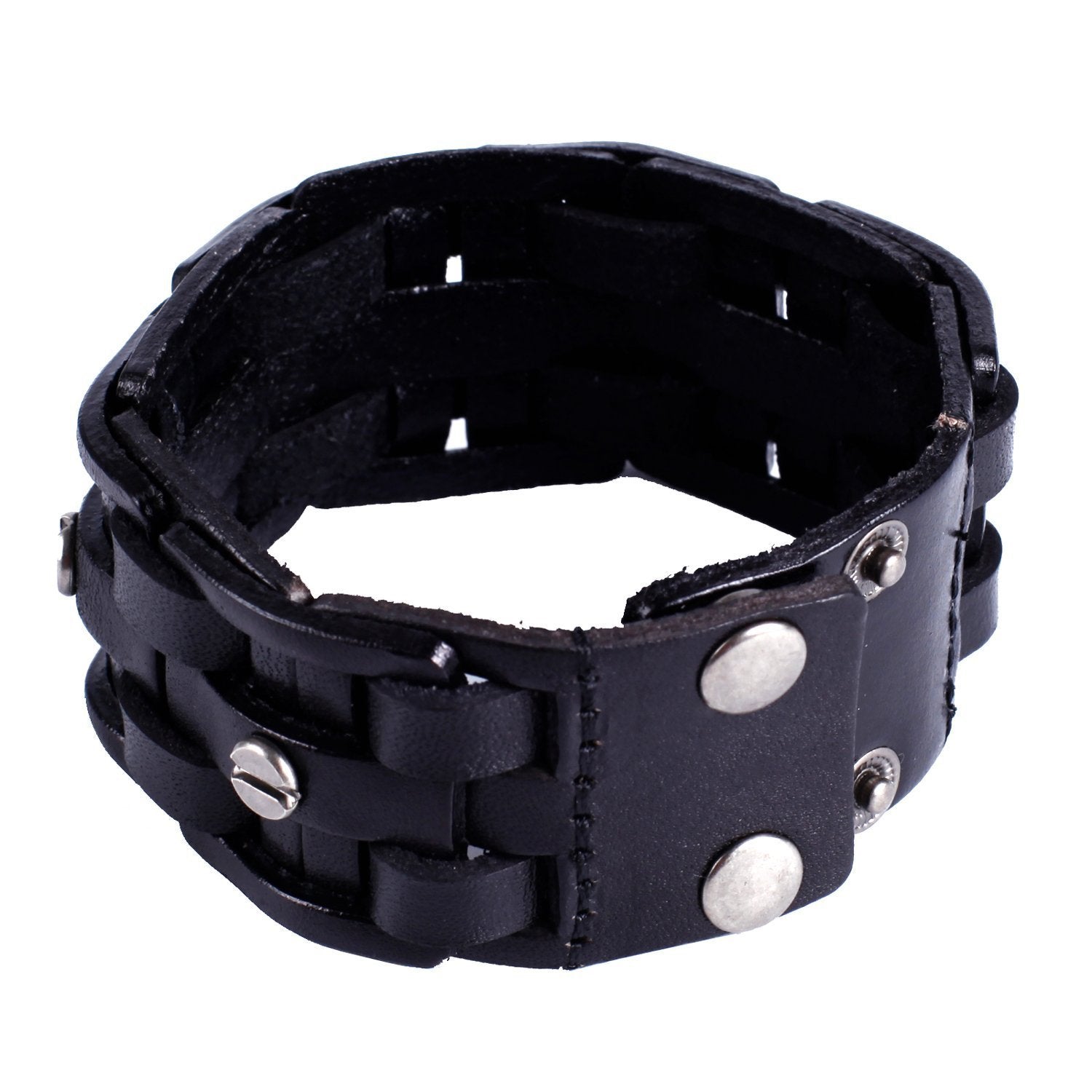 Urban Jewelry Gothic Men's Army Style Coal Black Cuff Genuine Leather Bracelet with Metal Silver Tone Screws