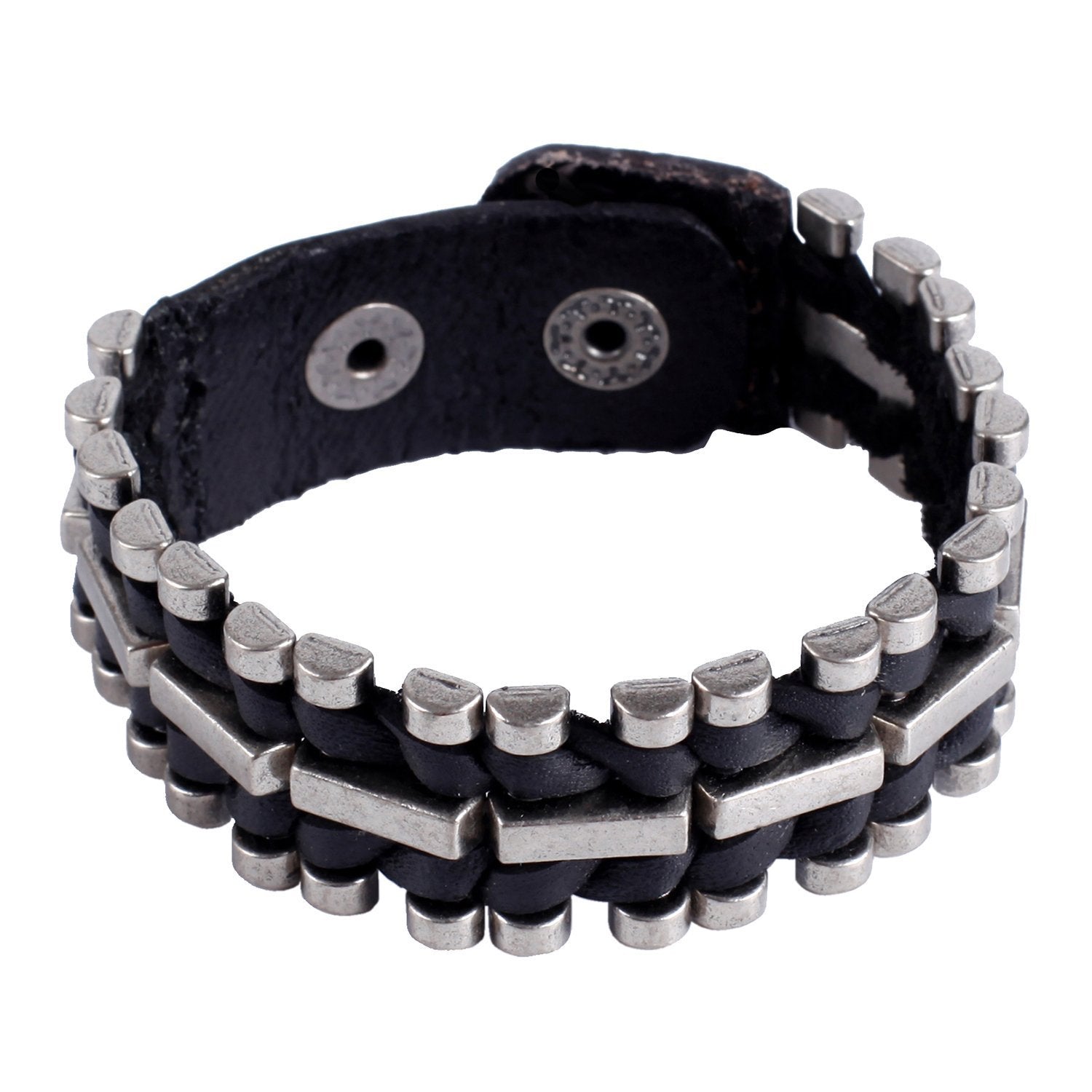 Urban Jewelry Unusual Genuine Leather & Metal Cuff Men's Bracelet by (Black, Silver)