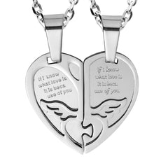 Urban Jewelry 2pcs His & Hers Angel Wings Heart Couples Pendant Necklace Set with 19" & 21" Chain (Silver Tone)