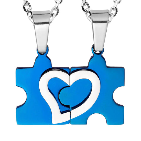 Stunning His & Hers Puzzle Heart Matching Couples Pendant Necklace Set with 18" & 21" Chain