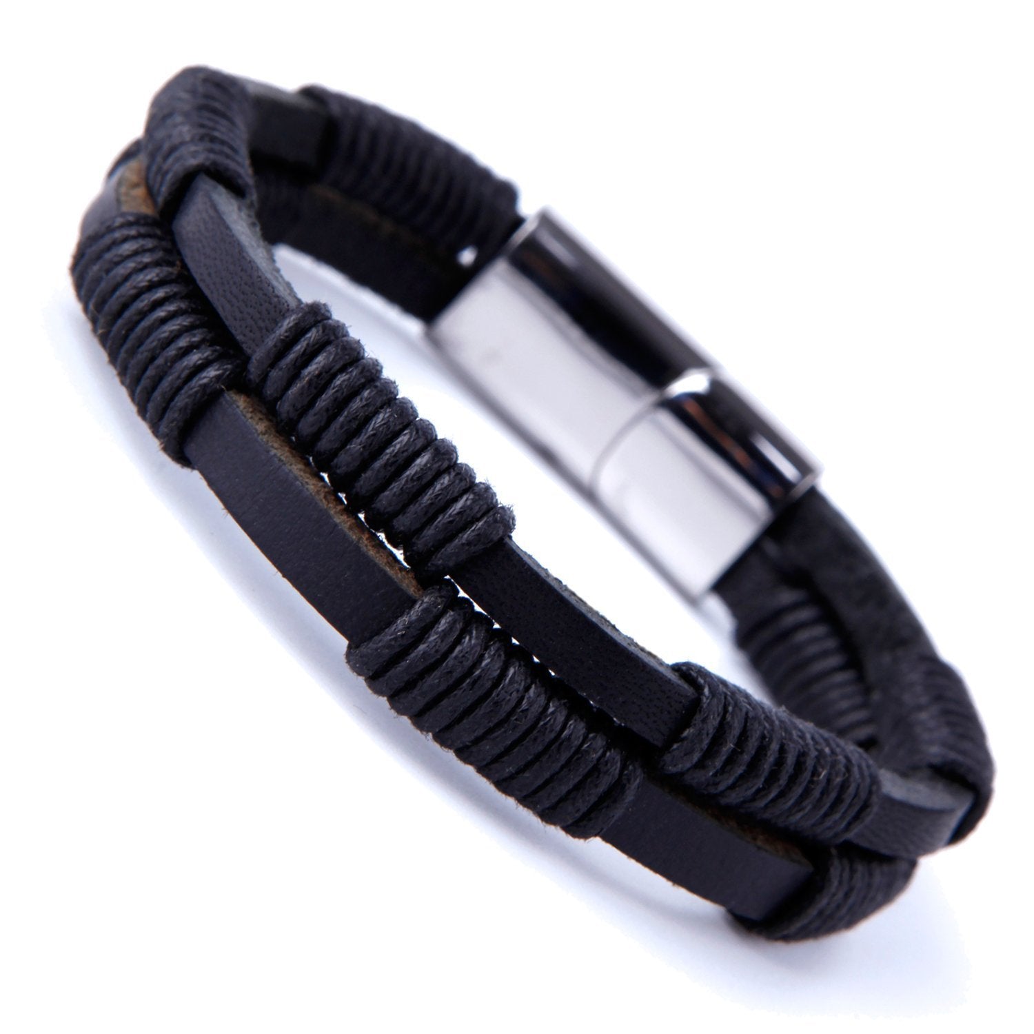 Urban Jewelry Unique Men's Coal Black Cuff Genuine Leather Bracelet with Stainless Steel Clasp