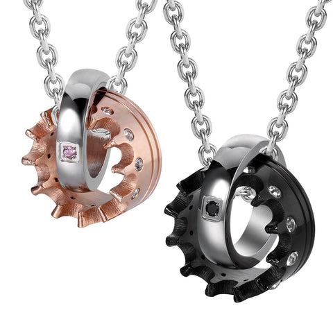 Urban Jewelry Crown His & Hers Couple Royal Ring Pendant Love Necklace Valentine Set, 19 & 21" Chain (Black, Rose Gold)
