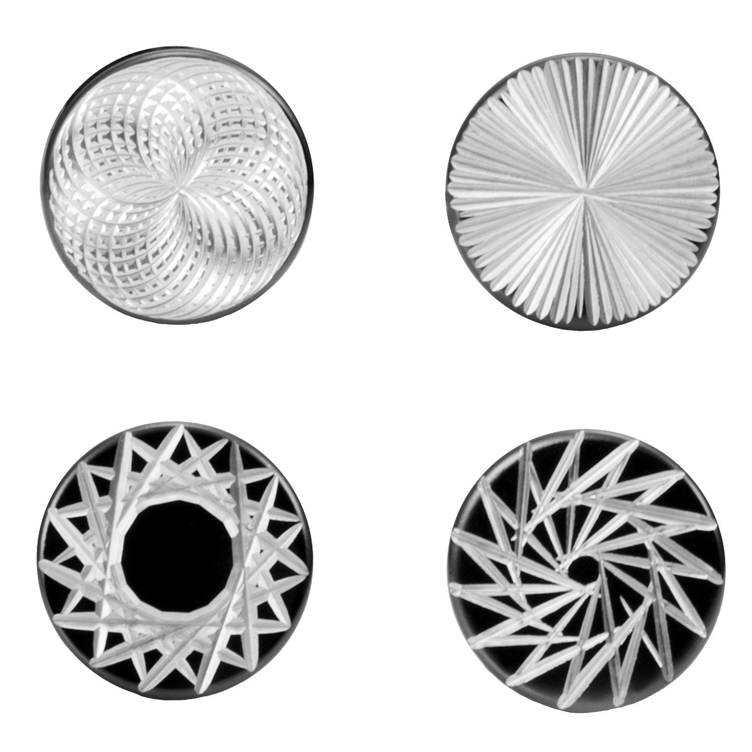 Mens 4 Pairs Stainless Steel Barbell Stud Earrings Set with Star, Spoke, Sunburst and Spirograph Designs