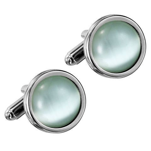 Urban Jewelry Stunning Round Blue Created-Opal and Stainless Steel Cufflinks for Men (Silver)
