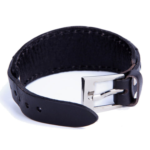 Urban Jewelry Elegant Coal Black Cuff Genuine Leather Bracelet for Men (Metal Buckle Clasp)