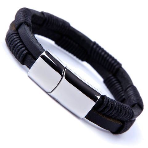 Urban Jewelry Unique Men's Coal Black Cuff Genuine Leather Bracelet with Stainless Steel Clasp