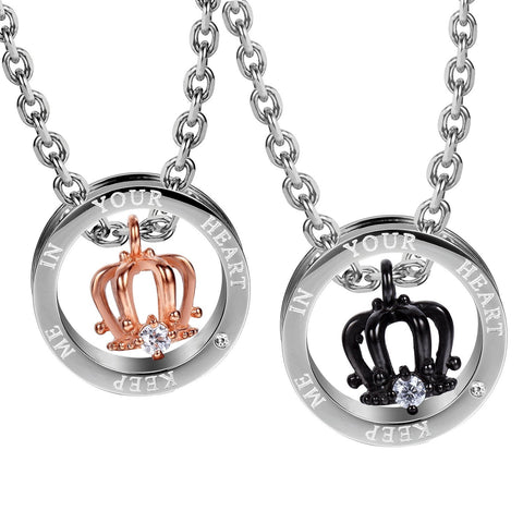 Royal His & Hers Couples Crown Ring Pendant Love Necklace Set, 19 & 21" Chains (Silver, Black, Rose Gold)