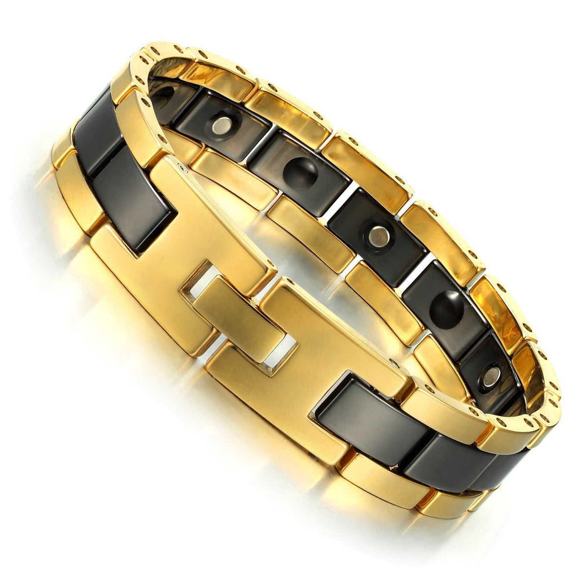 Impressive Two-Tone Tungsten, Ceramic & Magnets Link Bracelet for Men (Gold, Black)