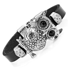 Stunning Leather Crystal Black Owl Cuff Bracelet (Silver Color)