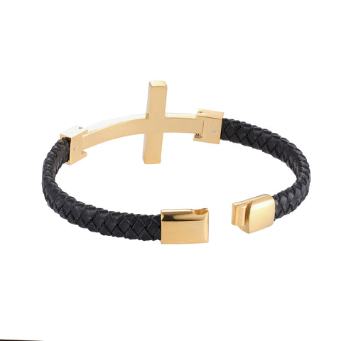 Urban Jewelry Trendy Men’s Cross Bracelet – Lord’s Cross in a Luminous Silver or Gold Finish – Rust & Discoloration Resistant Stainless Steel Charm – Black Genuine Leather Rope Cord