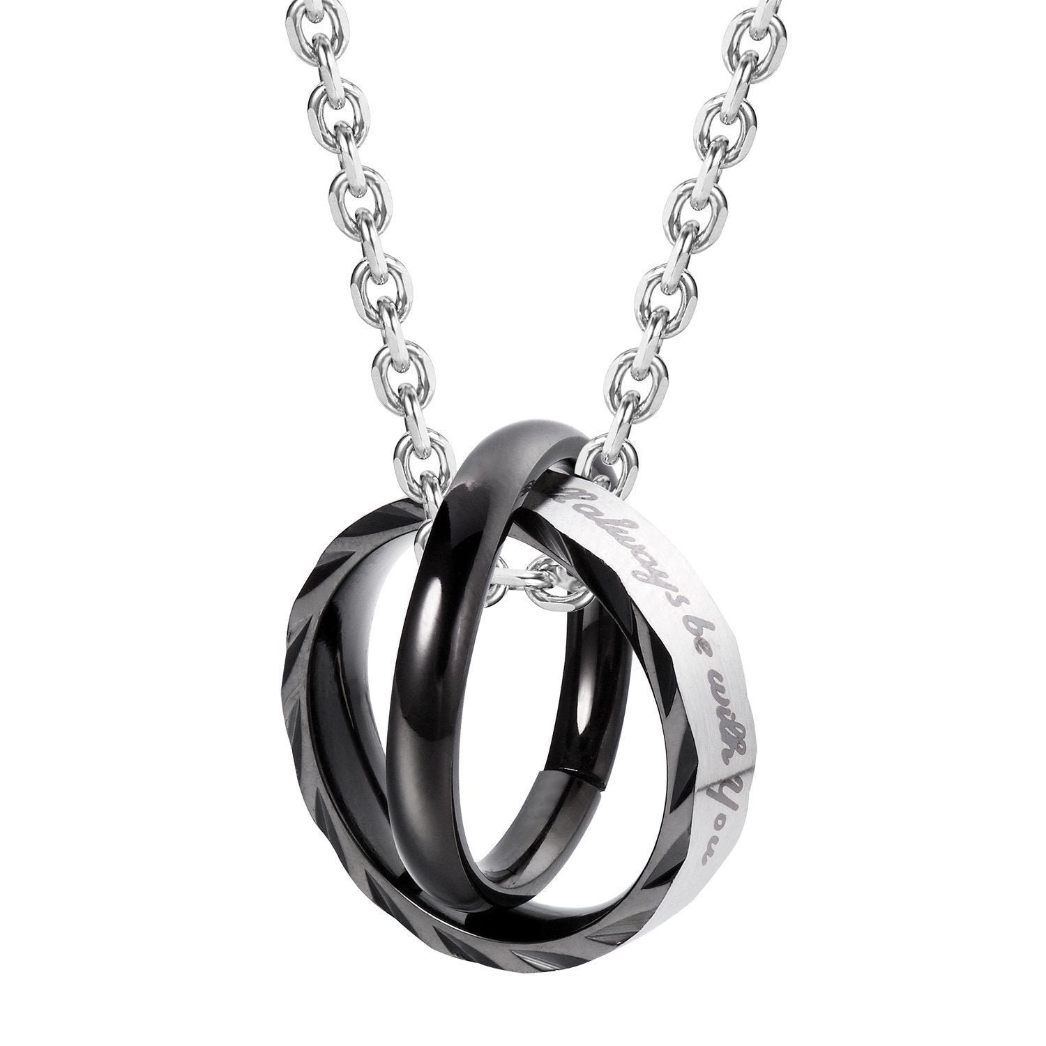 His & Hers Couples Engraved Double Ring Pendant Necklace
