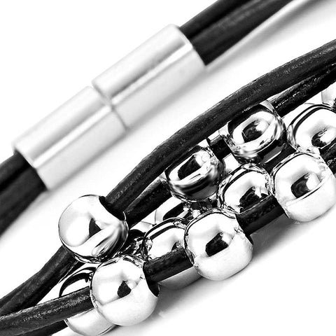 Eye Catching Women Leather Bracelet Silver Color Beads Cuff Jewelry with Magnetic Clasp 7.5" (Black)