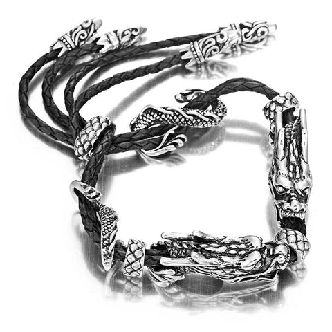 Stunning Genuine Leather Stainless Steel Double Dragon Bracelet (Adjustable, Black, Silver)