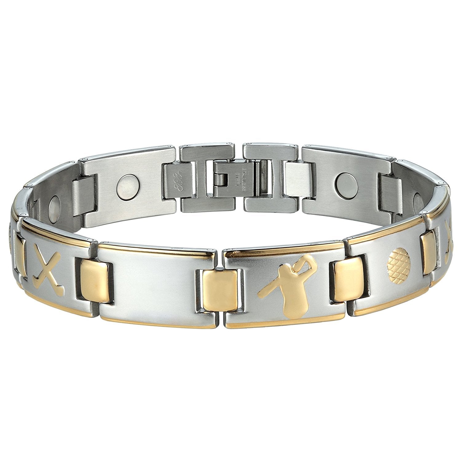 Baseball Magnetic Men's Link Bracelet 316L Stainless Steel 9.05 inch Silver and Gold Tone Bangle