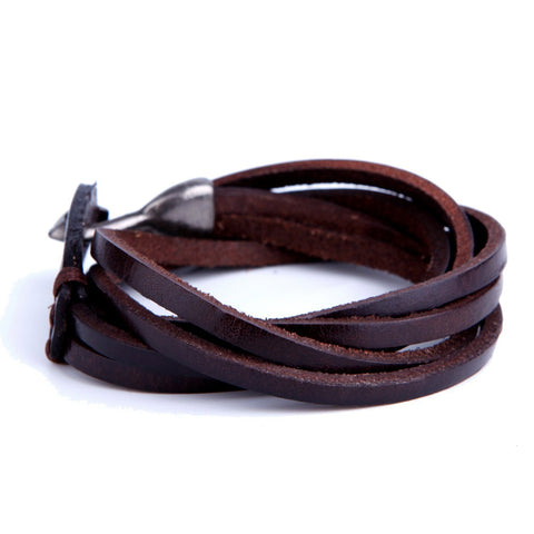 Urban Jewelry Deep Coffee Leather Wrap Cuff Men's Genuine Bracelet with Metal Hook Clasp (Brown)