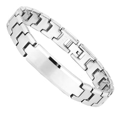 Handsome Men’s Bracelet – ID Band with Interlocking Track Link Design in a Polished Silver Finish – Strong & Durable Solid Tungsten Material – Jewelry Gift or Accessory for Men