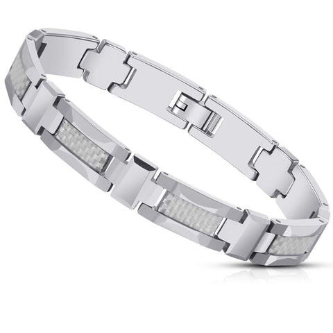 Men’s Tungsten Carbide Cross Bracelet - Link Chain Design in a Polished Silver Finish - Advanced Engineered Metal Blend of Solid Tungsten & Carbon Fiber Material -8.3 inch (21 cm) 10mm wide (Silver)